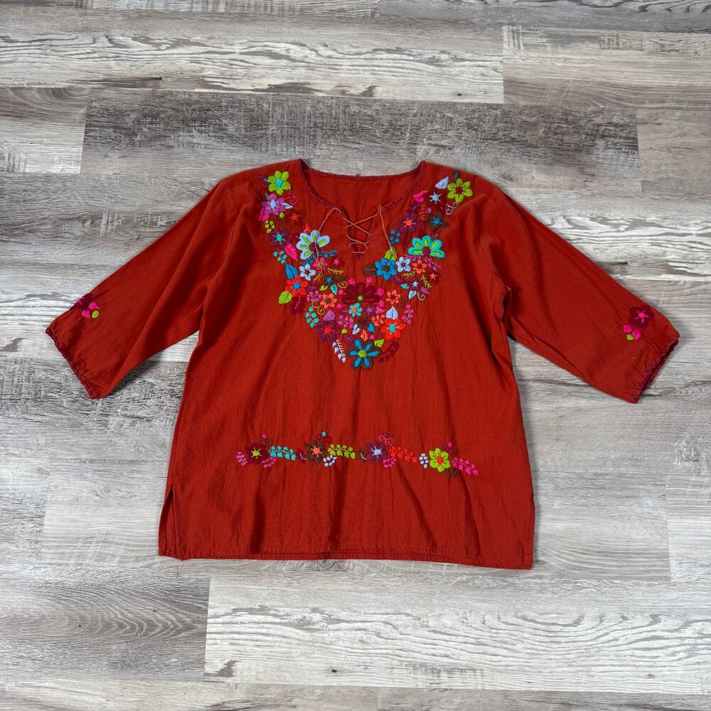 Vintage 70s Embroidered Floral Tunic Blouse Lace Up Boho Hippie Folk Art M
